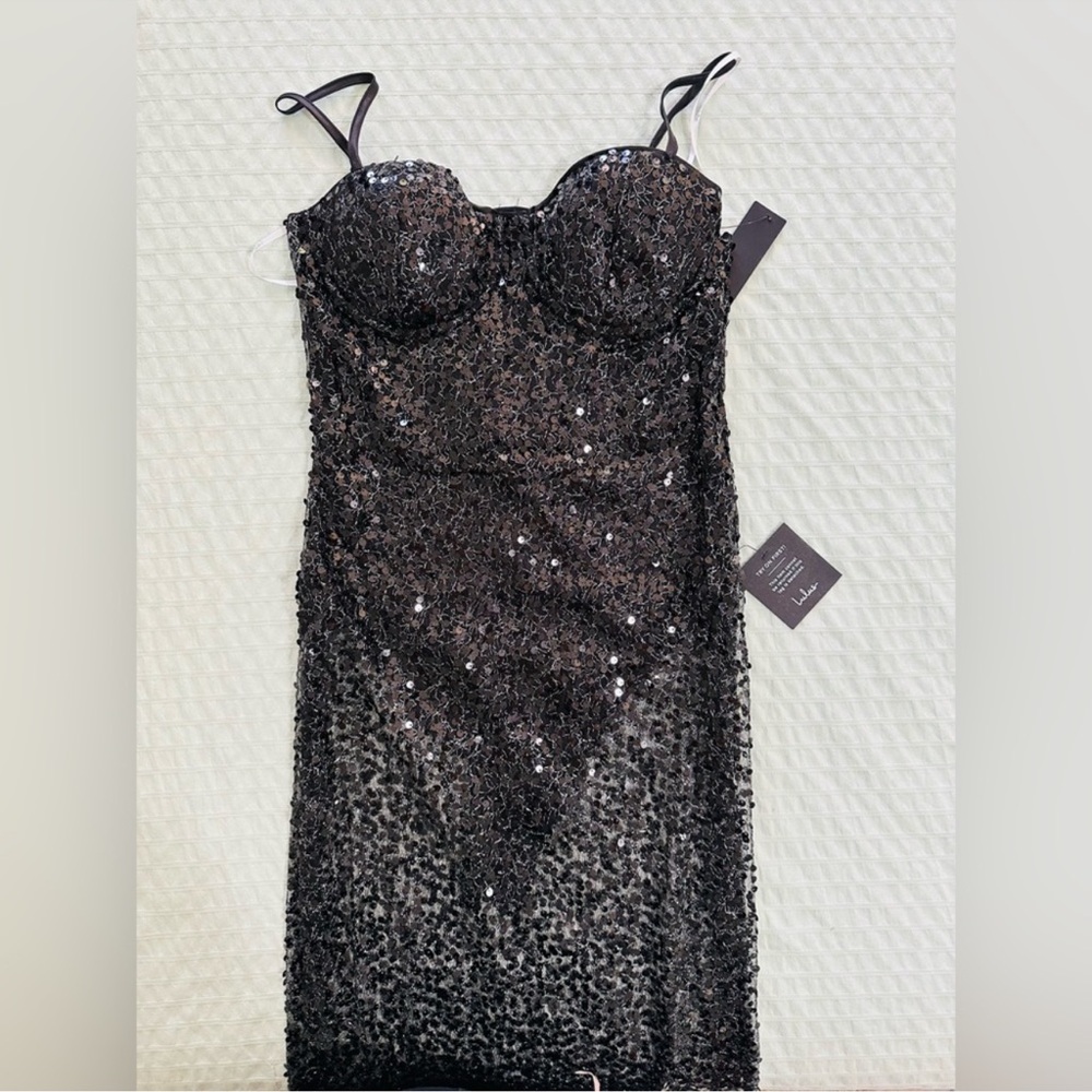 NWT Lulu’s Enticing Mindset Black Sheer Mesh Sequin Lace-Up Maxi Dress - Medium - Picture 5 of 14